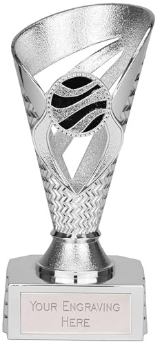 TROPHIESPLUSMEDALS Silver Voyager Trophy Cup, 15cm, Free Engraving | Two-tone resin trophy cup from the Voyager Collection with free engraving on personalised plate, ideal for school and sports.