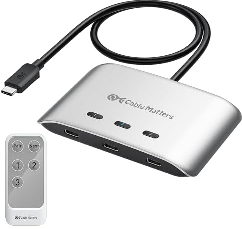 Cable Matters 20 Gbps USB-C KVM-Switch, 3-i-1-Utgång, 140 W Laddning | 8K@30Hz i Windows och 4K@60Hz i macOS; delar USB-C/Thunderbolt 4-skärm eller docka, ej för dockor med fast kabel
