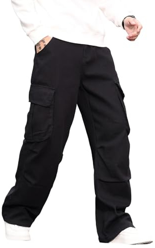 Zewool Mens Casual Wide Leg Denim Cargo Pants Mid Weight Baggy Jeans with Pockets Skater Y2k Hip Hop Streetwear Pantalon Relaxed Loose Fit 2000s Skateboard Hiking Travel,A10 Noir,L