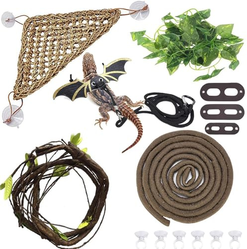 Kathson Bartagame Aquarium Zubehör Eidechse Große Hängematte Dschungel Kletterer Reben Flexible Blätter Biegsame Rebe Künstlicher Zweig Lebensraum Reptil Dekor für Chamäleon Eidechsen Gecko