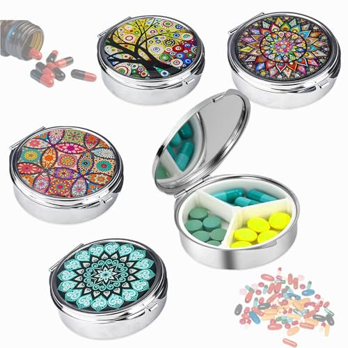4 Stück Pillendose Klein mit Spiegel, Pillendose Klein für Unterwegs, Dekorative Metall Tablettendose, 3 Fächer Rund Frauen Pillenetui Tablettendose klein für Unterwegs Tägliche und Reise