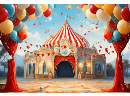 Xiaoterna 2,2x1,5m Toile de Fond pour Carnaval 3D Ballons colorés Cirque Chapiteau Fond Photographique pour fête d'anniversaire Parc d'attractions Nuage d'étoiles Décoration pour fête de bébé