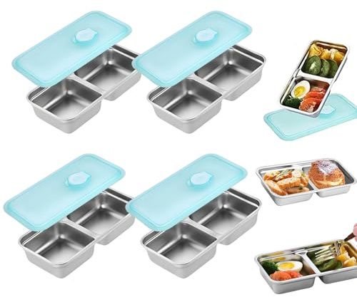 Gonggi Stainless Steel Snack Containers with Lid, 4Pcs Airtight Food Storage Container, Reusable 2 Compartment Bento for Lunch Kitchen Office Outdoor Camping Dishwasher Safe