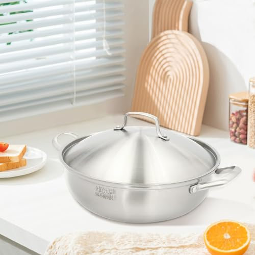 LSyySy Wok en acier inoxydable avec couvercle, poignées robustes, poêle à frire avec grille vapeur, compatible avec les cuisinières à induction et à gaz, fours, 30 cm/32 cm