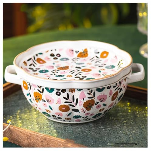 XYUERU Grand Bol de Service en Porcelaine, avec Couvercle et poignée, saladiers en Porcelaine, Bol à Ramen for Restaurant/gastronomie, Compatible Micro-Ondes et Lave-Vaisselle