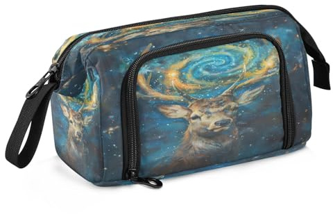 Mnsruu Federmäppchen mit großem Fassungsvermögen, Motiv: Galaxie, Hirsch, Ölgemälde, Federmäppchen, Schreibwaren, Büro, Organizer-Tasche für Jungen und Mädchen, Ölgemälde mit Galaxie-Hirsch-Motiv