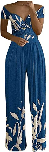 TURWXGSO Wedding Jumpsuits for Women UK Elegant One Shoulder Floral Printed Dungarees High Waisted V Neck Rompers Plain Dressy Casual Full Length Wide Leg One Piece Outfits for Party Vacation