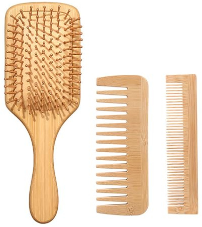 Juego de 3 cepillos de pelo de bambú amigable con paleta desenredador y peine para masajear el cuero cabelludo y alisar el cabello desenredado