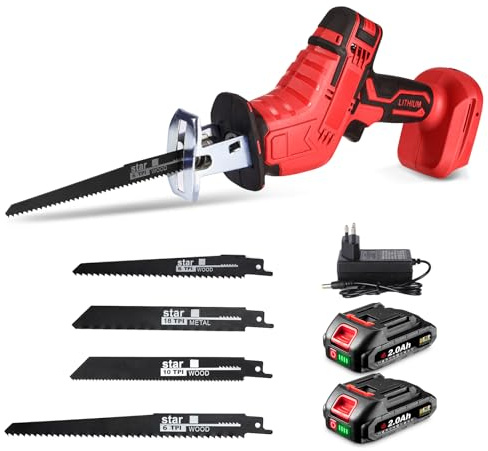 Reciprocating Saw Cordless - 300W Brushless Motor Electric Wood Saw, 0-3100SPM, Max 20mm Stroke, with 4 Blades, 2x2.0Ah Batteries, for Wood, Metal, Pipe Cutting