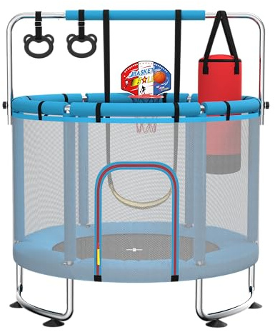 Maxbinton Trampoline pour Enfants 140 cm intérieur/extérieur – Charge maximale 50 kg avec Filet de sécurité, Barre de Gymnastique réglable et Panier de Basket, Cadeau pour garçons et Filles