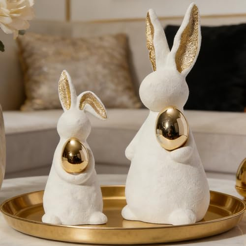 DN DECONATION Osterdeko Hase Dekoration - Weiße Keramik Hasen Statuen mit Goldenen Eiern für Moderne Landhaus Wohndekoration, Frühlings Tischdeko für Regal Kamin Esstisch Hochzeit Geschenk