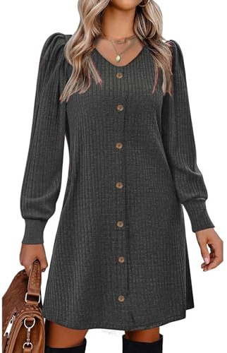 Vossmi Robe Pull Femme Automne Hiver Midi Robe Tricot A-Ligne Dress Pull Elegant pour Manches Bouffantes Gris foncé L