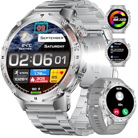 HIRREO Montre Connectée Homme pour Android iOS avec Appel Bluetooth 1,43 AMOLED Rond Smartwatch Homme Argent Acier Lampe de Poche LED,530 mAh Batterie,Santé Moniteur,100+ Sport,Podomètre