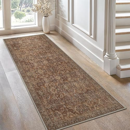 GENIMO Vintage Läufer Flur Teppich 80x200 cm Waschbar Klassisches Rotbraun | Boho Orientteppich, Rutschfest Kurzflor Weich Carpet, Teppiche läufer für Küche, Treppe, Balkon, Wohnzimmer