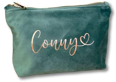 Kosmetiktasche personalisiert mit Namen aus Samt | Edle Tasche mit Reißverschluss | Geschenkidee für Frauen, Freundin oder Mama | 4 Farben & 2 Größen – handveredelt in Deutschland (Jadegrün, Klein)