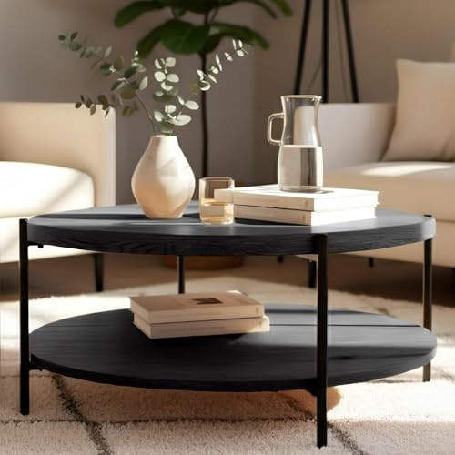 CLP Couchtisch rund Holz Edduma, Sofatisch 2 Ebenen mit Stauraum, Beistelltisch klein Metallgestell schwarz, Farbe:grau, Größe:Ø 80 cm