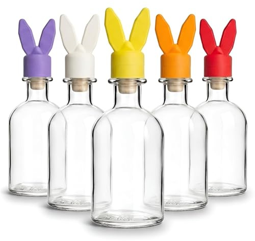 gouveo 5er Set Apothekerflaschen rund 250 ml (0,25 l) Glasflasche 250 ml Apotheker Ostern mit Holzgriffkorken & Hasenohren Aufsteckkappen, Glasflaschen zum Befüllen (AOST250CAP)