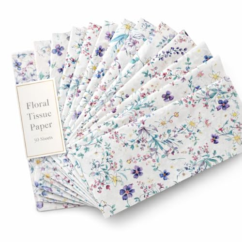 50 Blätter Blumen Seiden Papier, 50 * 35cm Seidenpapier Verpackungsmaterial für Füllmaterial, Geschenkpapier für Geburtstage DIY Hochzeit Jubiläen Basteln Party Crafts Dekoration (Lila)