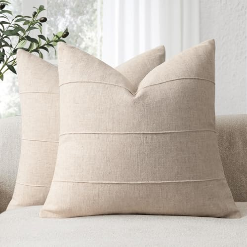 ZWJD Natur-Leinen Kissenbezug 50x50 2er Set Weiche Kissenbezüge in Beige Einfarbige Sofakissen Kissenhüllen mit Streifenmuster für Couch, Bett, Schlafzimmer und Wohnzimmer, Moderne Dekokissen