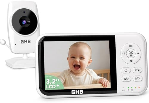 GHB Babyphone mit Kamera 3,2 Zoll LCD 2100 mAh Akku ECO Modus 60 Stunden 2X Zoom Gegensprechen Temperatursensor Nachtsicht