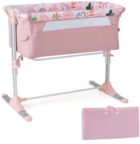 COSTWAY Baby Bedside Crib, 4-Level Height Adjustable Bassinet Crib (Pink) | Portable Newborn Bedside Sleeper with Mattress, See-through Mesh Wall, 2 Safety Straps & Carry Bag for Birth to 9kg
