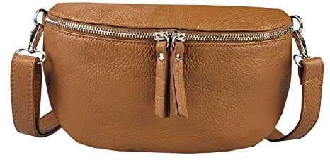 OBC Made in Italy Damen Leder Tasche Handytasche Gürteltasche Crossbody Hüfttasche Bauchtasche Umhängetasche Cross-Over Bodybag Schultertasche Kosmetiktasche Cognac