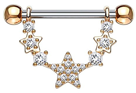 beyoutifulthings ZIRKONIA-Sterne Bogen Brustwarzen-Piercing Brust-Piercing Intim-Piercing Edelstahl Silber Roségold Gold Clear Stab 1,6mm 14mm
