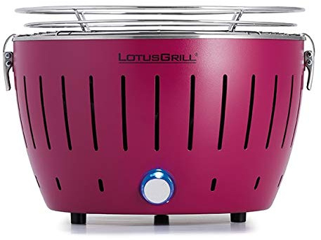 LotusGrill S Small Compact Mauve, le barbecue/grill de table à charbon de bois à faible fumée disponible en différentes couleurs. Alimentation via USB ou powerbank. Idéal pour les campeurs, les