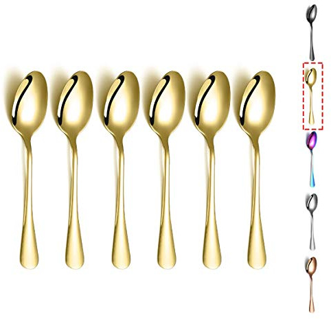 Goldene Teelöffel, Kyraton 6 Stück Edelstahl Teelöffel mit Gold-Titan-Beschichtung, Eislöffel, Dessertlöffel, Kaffeelöffel, Goldener Teelöffel, Löffel Besteck 6er Pack