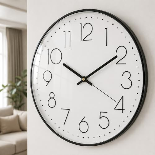 Outpicker Wall Clock Silent Non Ticking Clock 12 Inch Battery Operated Wall Clocks for Living Room Modern Bedrooms Office Kitchen Clock (Black-white)