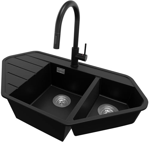 PRIMAGRAN Fregadero Granito de Esquina Negro 90x50cm, Cocina 1,5 Senos + Grifo 40x20cm + Sifón, Sobre encimera al mueble 70cm - Copenhague Corner S013
