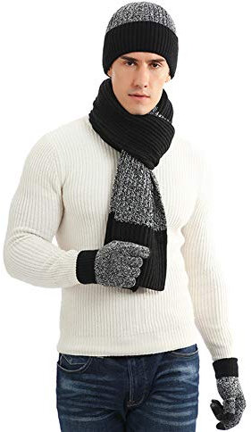 GOREUK 3 Stück/Set Herren Wintermütze Schal Handschuhe Warme Verdicken Mütze Spleißen Beanie Touchscreen Handschuhe Strickmütze schal mit Fleecefutter Outdoor Sportarten (Schwarz)