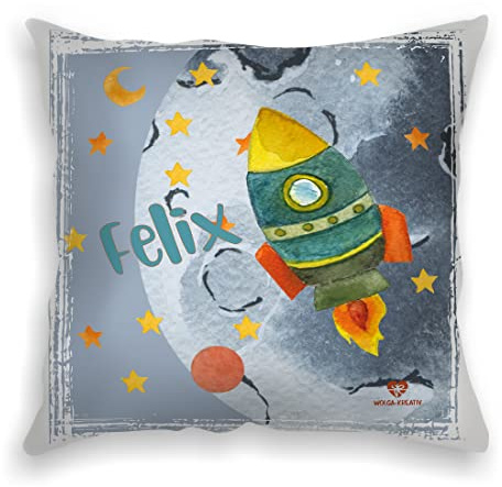wolga-kreativ Personalisiertes Kissen Rakete 40x40 cm – Kuschelkissen mit Namen & süßen Kindermotiven – Geschenk zur Geburt, Taufe & Geburtstag – Kissen mit Foto Bedrucken – Flauschiges Babykissen