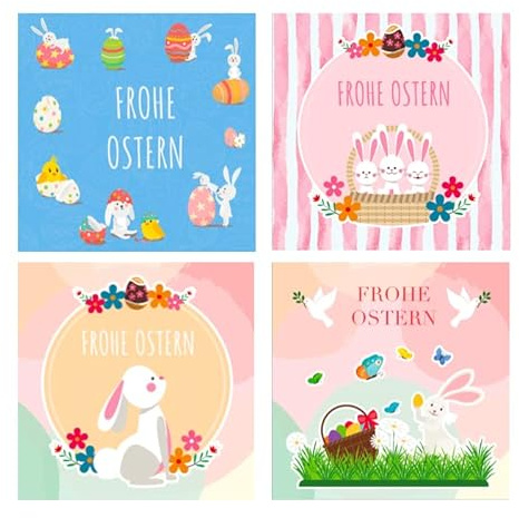 Merz Designkarten 4 Premium Osterkarten mit Umschlag (Klappkarten) 14,8x14,8cm, Karte Grußkarte Ostern Osterkarte lustigen Motiven Frohe Ostern, Ostergrüße 10 versch. Motiven, Bunt