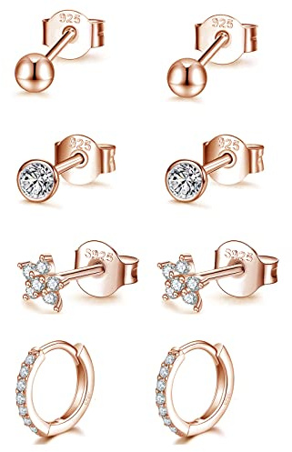GULICX Sterling Silver Stud Earrings for Women Girls, Hypoallergenic Silver Hoop earrings and Stud Earrings set with Cubic Zirconia, Small Helix Cartilage Sleepers Flower Studs Hoops Piercing Earrings