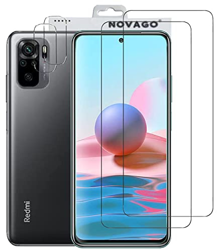 NOVAGO Compatible con Xiaomi Redmi Note 10 4G y Redmi Note 10S Pack de 4 películas de cristal templado resistente a los golpes y a las explosiones dos lentes para pantalla y dos lentes para objetivo