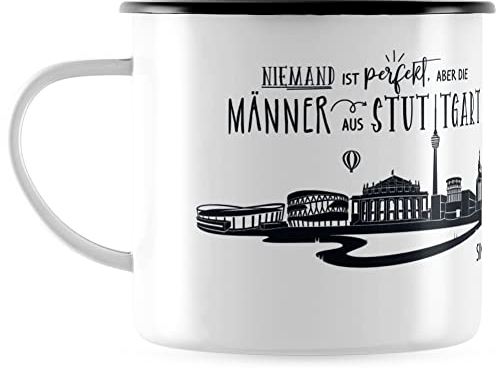 JUNIWORDS Emaille-Tasse, Niemand ist perfekt, Aber die Männer aus Stuttgart sind verdammt nah dran, Schwarzer Tassenrand (1006883)