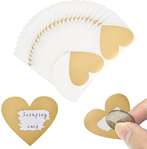 AINIUNIU 50 Stück Herz Rubbelaufkleber, Rubbellose Selber Machen, Scratch Sticker, Rubbelsticker Gold für Hochzeit, Weihnachten, Reisegutschein, Geburtstag Geschenke, 7x8cm