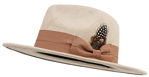 Besoogii Klassische breite Krempe Damen Herren Fedora Hut mit Gürtelschnalle Filz Panama Hut, Große Schleife, Beige, Einheitsgr��e