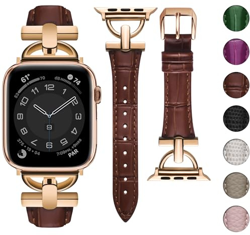 wutwuk Compatible avec Bracelet Apple Watch 42mm(S11/10)/41mm/40mm/38mm Boucle Métal en Forme de D Cuir Véritable Bracelet iWatch pour iwatch SE 3/2/1 Séries 11/10/9/8/7/6/5/4/3/2/-Rouge Marron | Bracelet fin en cuir souple avec boucle en métal en forme de D pour iWatch SE3/2/1 Series 11/10/9/8/7/6/5/4/3/2/1