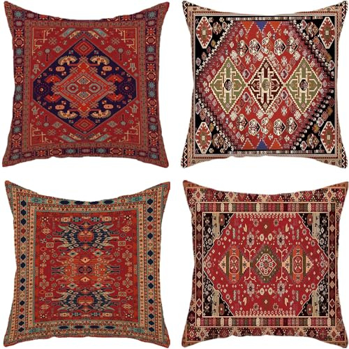 Geliking Soffa kuddfodral 45 cm x 45 cm set med 4 bohemiska stilar dekorativa kuddöverdrag 45 x 45 cm linne fyrkantiga exotiska örngott för soffa sovrum hem kontor (exotisk röd)