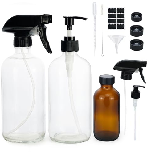 Empty Glass Spray Bottles Refillable Container, Adjustable Trigger Sprayer with Mist Stream Settings,Soap Dispenser Pump,Sealing Caps, Brush,Funnel, for Essential Oils,Watering Plants(500ml, Clear)