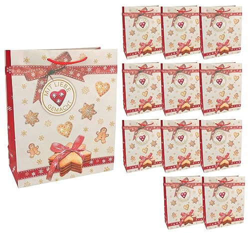 Idena 30348-12 - Geschenktüten Weihnachtsplätzchen, 12 Stück, 26 x 32 x 12 cm, Papiertüten, Geschenktaschen, Weihnachtstüten