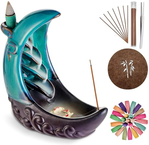 SagTuol Quemadores de Incienso en Cascada, Porta Incienso de reflujo, Quemador Incienso reflujo, con 100 Conos de Incienso + 30 Varillas de Incienso, Porta-Incienso para decoración del hogar (Azul)