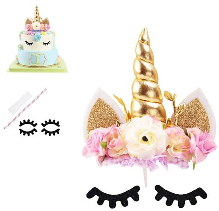 Nishine Rose Floral Unicorn Cake Topper Birthday Party Cake Decoration (Gold&Ivory)