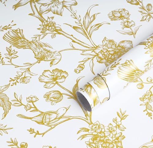 CiCiwind Peel and Stick Wallpaper White Gold Floral Contact Paper 44×300CM Flower Bird Self Adhesive Wallpaper Waterproof Sticky Back Plastic Thicken Living Room Bedroom Wall Cabinet Vinyl Film