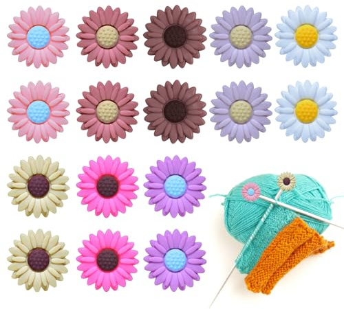 Bekecidi 16 Stück Blumen Stricknadel Stopper, Silikon Stricknadel Spitzenschutz, bunte Gänseblümchen-Nadelendabdeckung, Maschenspitzenkappen zum Stricken, Nähen, Quilten, Häkeln, Bastelbedarf