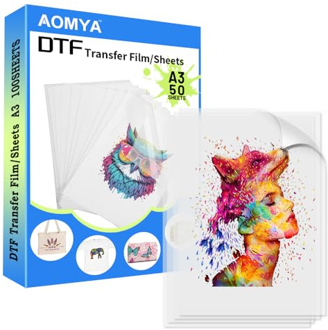 Aomya Pellicola di Trasferimento DTF A3 da 50 Fogli, 11,7 x 16,5 cm, Lucida, Trasparente, Pretrattare, Carta per Tutte le Stampanti a Sublimazione, Pellicola per Sublimazione Hack