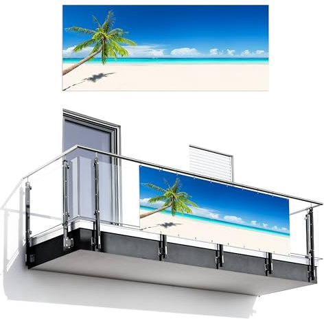 MuchoWow© Balkon Seitensichtschutz Einseitig 120x300 cm Groß PVC Terrassen Gartensichtschutz ohne Bohren Wetterfest Zaun Schutz Terrasse Balcony Decoration Palme - Strand - Meer