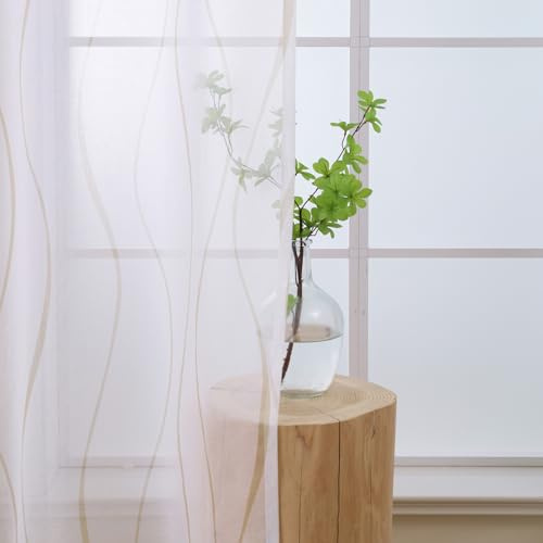 L.Z.E Gardinen Weiss Beige für Wohnzimmer, Vorhänge Weiß Sand mit Ösen, Transparent Gardine Vorhang für Schlafzimmer Fenster, 2er Set Leinenoptik Ösenvorhang Modern 225 cm Lang (LZE2221E-BG225)
